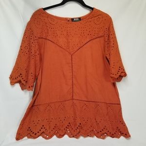 Naoo Nation Womans Blouse Shirt Sz L Eyelet Lace Scalloped Edge Short Sleeve